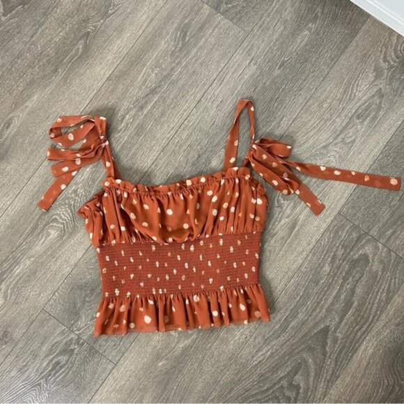 Aritzia Wilfred Ballad Camisole Tank Top Polka dot Crop Smocked chiffon Orange - Picture 6 of 11